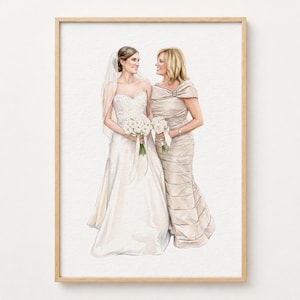 May include: A framed watercolor portrait of a bride and her mother. The bride wears a white strapless wedding gown and veil, holding a bouquet of white flowers. Her mother wears a champagne-colored gown and holds a smaller bouquet. The artwork is set in a wooden frame.