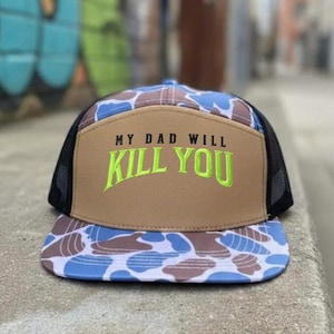 Gorra "Mi papá te matará" – Gorra de camionero divertida para papá, gorra snapback bordada, regalo para el Día del Padre, gorra protectora con chiste de papá