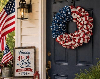 USA 250 Independence Day Patriotic Wreath, American Flag Burlap Wreath, 4th of July Door Decor, Handmade Red White Blue Front Door Wreath