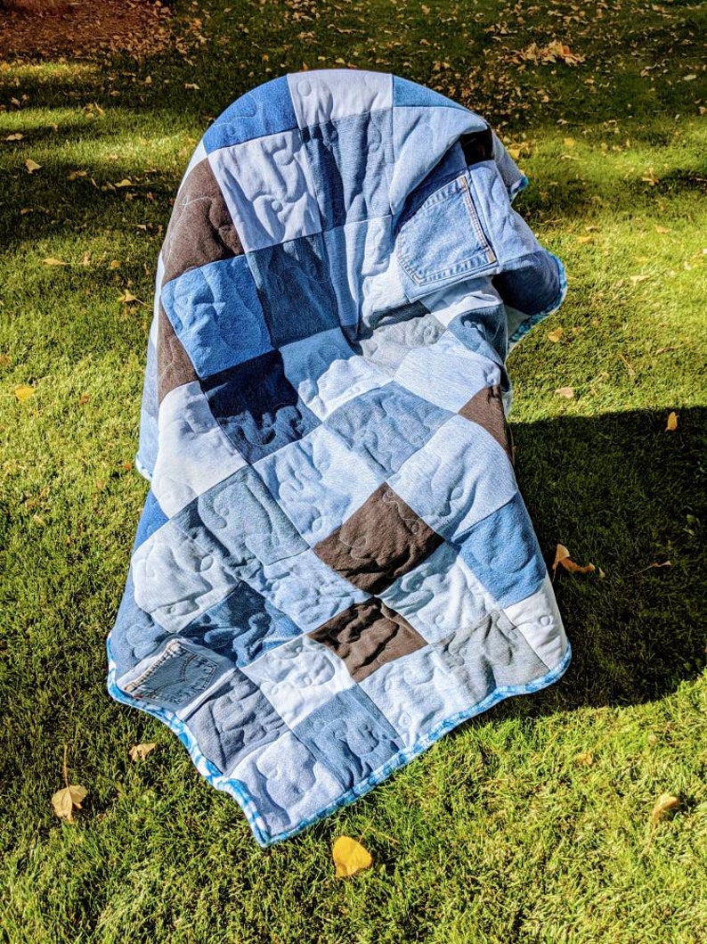 Denim Quilt 50x70 Couch quilt handmade Recycled blue Jeans Etsy