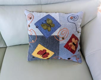 Denim Pillow, Handmade decor Butterfly pillow, handmade gifts, Recycled denim blue jeans, upcycled denim, country home decor