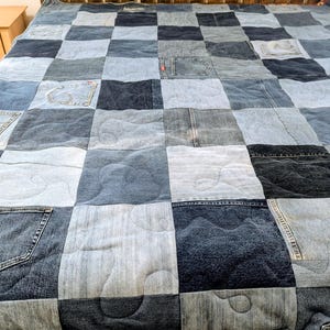 Dormroom Denim Quilt, handmade  recycled denim jeans, Soft flannel, hand made Decor, gift, country blanket, patch work upcycled quilts, gift