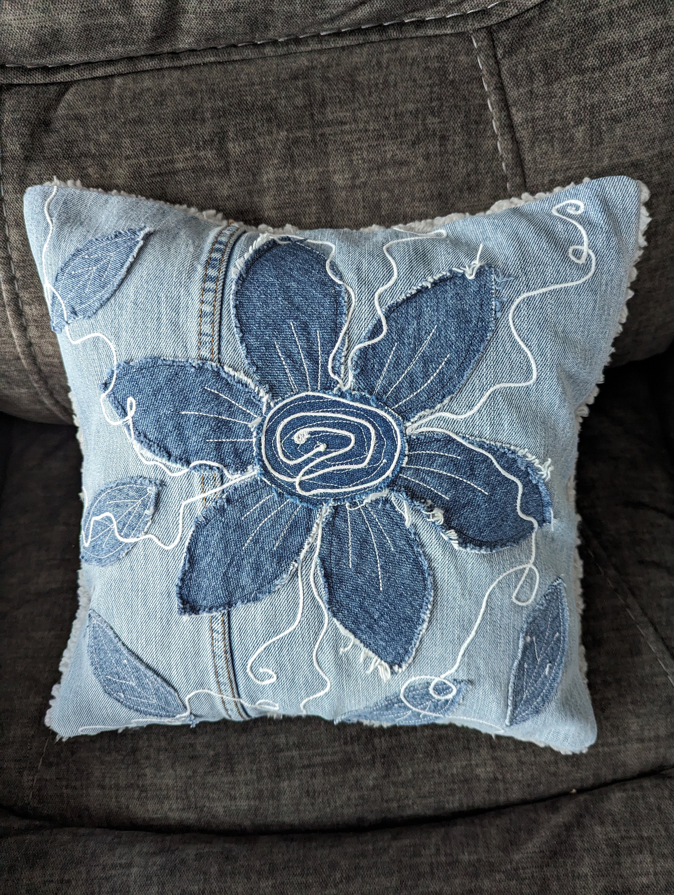 Blue jean top throw pillows