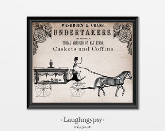 Halloween Undertaker Hearse Skeleton Art Print Ad Steampunk Primitive Rustic Decor Victorian Gothic Roses Horse