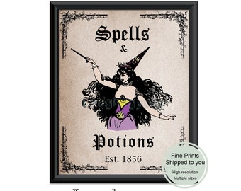 Spells and Potions Halloween Art Print Spell Casting Witch Magic Wand Occult Wall Decor Apothecary  Home Party Decor Primitive Grunge