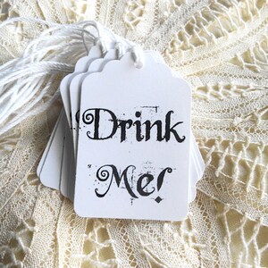 Alice in Wonderland Drink Me Tags for Mad Tea Party Wine Glasses Kids Lunches Black and White Gift Tags Hang Tags Party Favors Decor