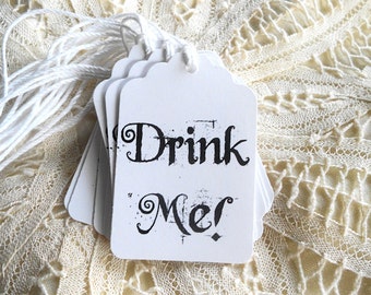 Alice in Wonderland Drink Me Tags for Mad Tea Party Wine Glasses Kids Lunches Black and White Gift Tags Hang Tags Party Favors Decor