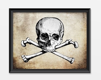 Skull Crossbones Pirate Bones Skeleton Gothic Art Print Halloween Rustic Primitive Home Decor Theme Party Wall Art Poster