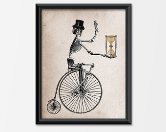 Skeleton On Bicycle with Hourglass Gothic Art Print Macabre Home Decor Vintage bones Halloween Day of The Dead