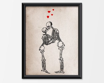 Skeleton Love Art Print Till Death Do Us Part Halloween Valentine Romantic Gothic Wedding Decor Home Decor Macabre Gothic Anniversary