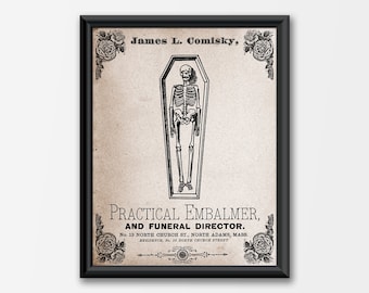 Coffin Skeleton Undertaker Embalmer Funeral Ad Giclee Art Print Halloween Gothic Primitive Rustic Vintage Party Office Home Decor