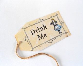 Alice in Wonderland Drink Me Gift Tags Vintage Antique Style Tea Party Favors Weddings Coffee Stained String Blue Yellow