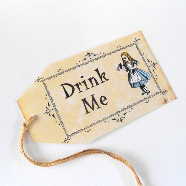 Alice in Wonderland Drink Me Gift Tags Vintage Antique Style Tea Party Favors Weddings Coffee Stained String Blue Yellow