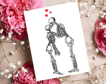 Kissing Skeletons Hearts Love Halloween Gothic Anniversary Valentines Novelty Oddity Curiosity Greeting Card Note Card Stationery Blank