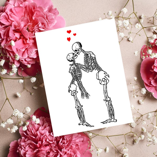 Kissing Skeletons Hearts Love Halloween Gothic Anniversary Valentines Novelty Oddity Curiosity Greeting Card Note Card Stationery Blank