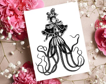 Lady Octopus Note Card Ocean Sea Blank Notecard or Oddity Novelty Greeting Card Original Design Steampunk