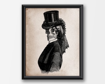 Female Skeleton Portrait Art Print Vintage Dress Top Hat Skull Zombie Gothic Steampunk Victorian Fantasy Horror Macabre Home Office Decor