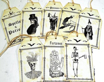 Halloween Tags Witches Skeletons Bats Spells Potions Palmistry Fortune Teller Party Favors Treat Bag Gift Tags Junk Journal Primitive Rustic