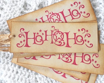 Christmas Tags Ho Ho Ho Coffee Stained Primitive Holiday Gift Tags Hang Tags Rustic Shabby Chic Handmade Paper Tags