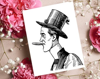 Man Smoking Cigar Note Card Vintage Illustration Top Hat Vintage Image Notecard Black and White Greeting Card Stationery