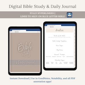 May include: Two digital tablets displaying a Bible study journal. One tablet shows a cover with "Bible Study & Daily Journal" text. The other tablet displays an index with sections like "Books of the Bible" and "Journal Prompts". The text "Instant Download" is also visible.