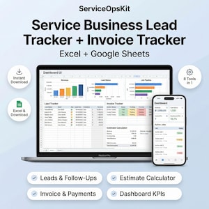 May include: A laptop and smartphone display a service business lead tracker and invoice tracker. The screen shows charts, tables, and the text "Service Business Lead Tracker + Invoice Tracker." Features include leads, estimates, and invoice tracking.