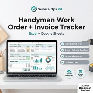 May include: A laptop displaying a spreadsheet titled "Handyman Work Order + Invoice Tracker." The screen shows data tables and charts. Text includes "Excel + Google Sheets," "Work Orders & Jobs," and "Invoice & Payments." Additional text indicates "Instant Download" and "8 Tools in 1."