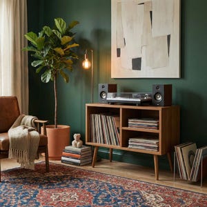 May include: A wooden record player console in a mid-century modern style, with a turntable and speakers. The console is filled with vinyl records. A large potted plant and a patterned rug are in the room. A floor lamp and artwork complete the scene.