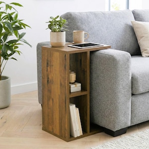 Mesa C para sofá con espacio de almacenamiento, lado estrecho, brazo de sofá de madera, extremo rústico