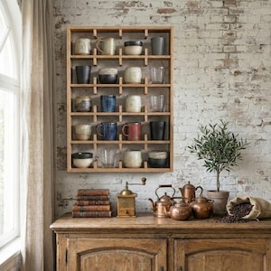 May include: A wooden display rack holding an assortment of mugs and glasses. The rack is against a white brick wall. Beneath, a wooden cabinet displays books, a coffee grinder, copper teapots, and a small olive tree in a pot. A sack of coffee beans is also visible.