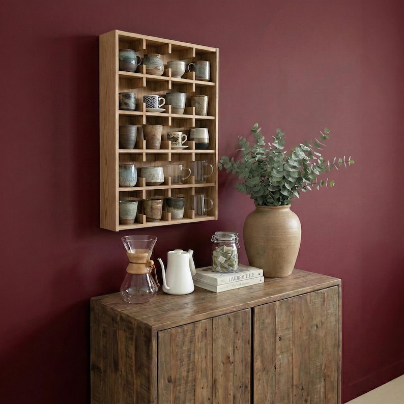 K&ouml;nnte beinhalten: Ein Holzregal mit mehreren F&auml;chern, gef&uuml;llt mit verschiedenen Keramikbechern. Das Regal ist an einer tiefroten Wand montiert. Darunter befindet sich ein Holzschrank mit einer Vase, einer Glaskaraffe, einer wei&szlig;en Teekanne und einem Glas mit Gegenst&auml;nden.