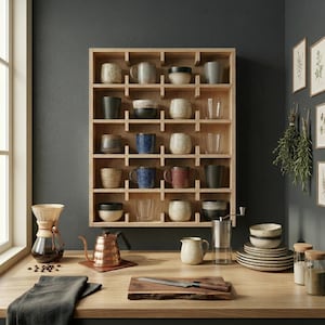 Op de afbeelding: Een houten wandrek toont een verzameling mokken, kopjes en kommen in diverse kleuren en patronen. Een koperen waterkoker, koffiezetapparaat en molen staan op een houten aanrecht, samen met een snijplank en een mes.