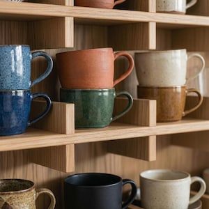K&ouml;nnte beinhalten: Eine Sammlung von Keramikbechern in verschiedenen Farben, darunter Blau, Gr&uuml;n, Braun und Schwarz, wird auf Holzregalen ausgestellt. Die Becher haben abgerundete Griffe und ein schlichtes, klassisches Design. Die Regale sind aus hellem Holz gefertigt.