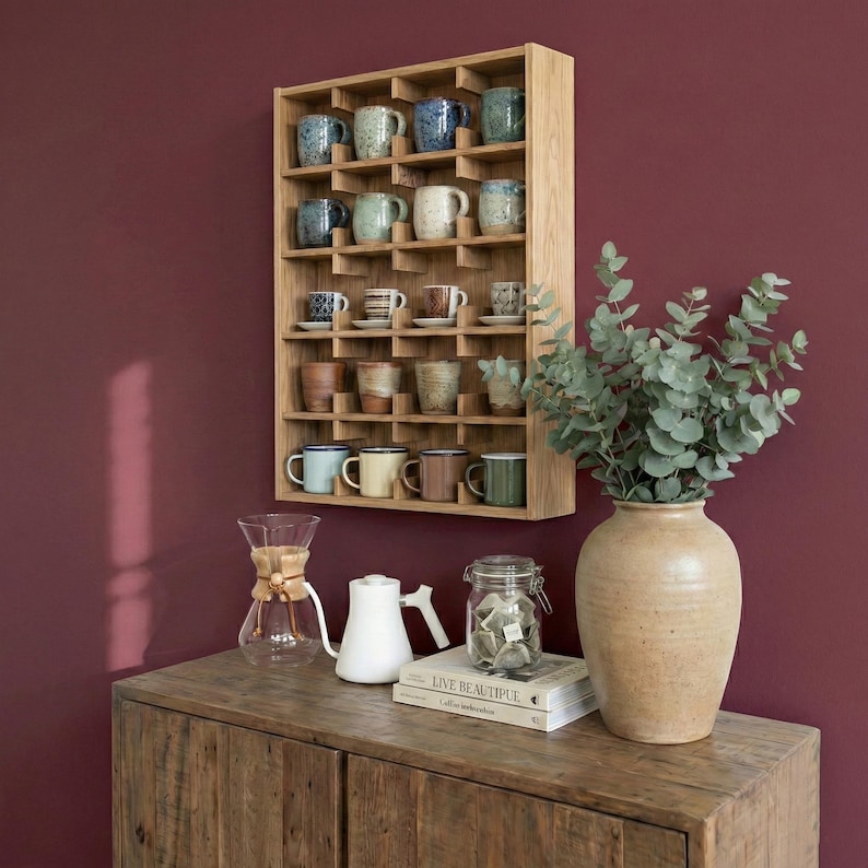K&ouml;nnte beinhalten: Ein h&ouml;lzernes Tassenregal mit mehreren F&auml;chern, gef&uuml;llt mit verschiedenen Keramiktassen in Blau-, Gr&uuml;n- und Braunt&ouml;nen. Das Regal ist an einer tiefroten Wand befestigt. Ein Holzschrank mit einer Vase, einer Glaskaraffe und einem wei&szlig;en Wasserkocher befindet sich im Vordergrund.