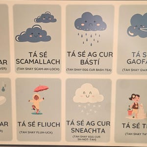 May include: A light blue poster with eight illustrated weather cards. Each card features a weather condition with a corresponding illustration and text in Gaelic. The illustrations include a sun, clouds, rain, wind, snow, and temperature.