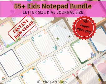 Paquete de blocs de notas para niños de más de 55 páginas: Papelería divertida para escritura creativa / Apuntes escolares imprimibles / Páginas para dibujar