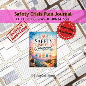 May include: A digital Safety Crisis Plan Journal with Letter and A5 size options. The cover features a sunrise landscape, a coffee mug, and a notebook. The text reads Safety Crisis Plan Journal, Plan Prepare Protect Heal Hope, You are important, You matter, You are not alone.