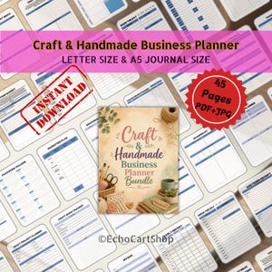 May include: A digital craft and handmade business planner bundle featuring 45 pages in PDF and JPG formats. The cover displays the text Craft & Handmade Business Planner Bundle with illustrations of yarn, brushes, and a succulent on a beige background.