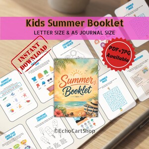 Może przedstawiać: Cyfrowy zeszyt ćwiczeń letnich dla dzieci z okładką przedstawiającą plażę, palmy i napis Summer Booklet. Zestaw zawiera wiele stron z labiryntami, listami słownictwa, kolorowankami i pocztówkami w formatach letter oraz A5.