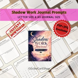 May include: A digital shadow work journal prompts set featuring a central cover with a celestial illustration of a silhouette, moon, and sun. The background displays multiple printable worksheet pages with lines, text, and a calendar grid layout.