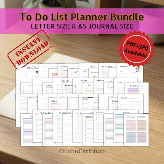 To Do List Printable Digital Planner Bundle | Letter Size, A5 | JPG, PDF