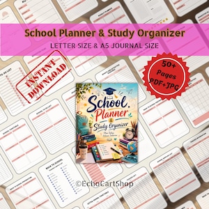 May include: A digital school planner and study organizer set featuring a central cover image with a backpack, books, globe, and clock. The text reads School Planner & Study Organizer, Plan Today, Achieve Tomorrow, and 50+ Pages PDF+JPG.