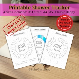 Puede incluir: Rastreadores de ducha imprimibles con un diseño circular, con un icono de bañera y una cuadrícula para el seguimiento. El texto "Printable Shower Tracker" está en la parte superior, con las etiquetas "Instant Download" y "Blank & Pre-Filled Available".