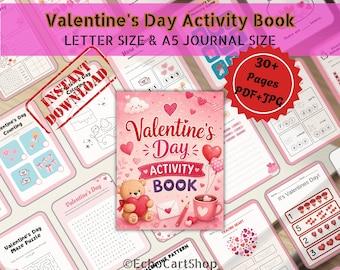 Libro de actividades de San Valentín para niños / Hojas de trabajo imprimibles para preescolar y jardín de infancia / Laberinto para colorear, trazar y búsqueda de palabras / PDF JPG
