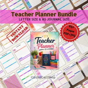 Può includere: Un pacchetto di Teacher Planner con una copertina colorata, con il testo "Teacher Planner" e materiali di supporto. Include le opzioni "Letter Size & A5 Journal Size" e un timbro che dice "Instant Download". Il pacchetto include oltre 65 pagine in formati PDF e JPG.