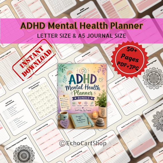 ADHD Mental Health Planner, Printable Neurodivergent Self-Care Workbook, Anxiety Tracking & Cognitive Reframe Binder, Adult Coloring Pages