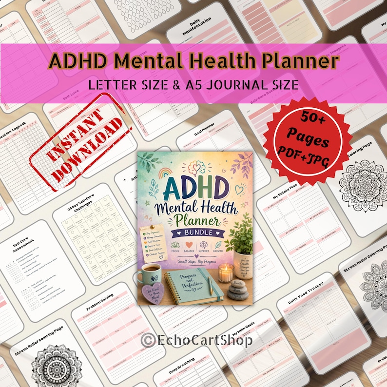 ADHD Mental Health Planner, Printable Neurodivergent Self-Care Workbook, Anxiety Tracking & Cognitive Reframe Binder, Adult Coloring Pages

digital download,
adhd planner,
adhd journal,
printable planner,
mental health,
therapy journal,
anxiety Checklist,
self care planner,
mindfulness worksheet,
coloring pages,
digital GoodNotes,
cbt worksheets,
dopamine menu,