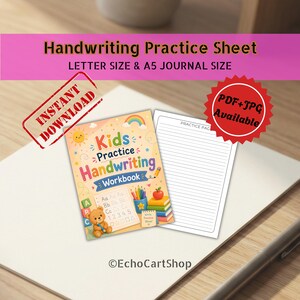 May include: A digital handwriting practice workbook for kids featuring a colourful cover with a teddy bear, alphabet letters, and numbers. The set includes a printable practice page with horizontal lines and the text Handwriting Practice Sheet.