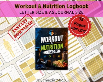 Cuaderno de registro de entrenamiento y nutrición imprimible, diario de fitness con planificador de comidas y seguimiento de pérdida de peso KDP Interior PDF JPG