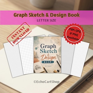 Pode incluir: Um livro digital Graph Sketch & Design Book em tamanho carta com uma capa central sobre fundos de papel quadriculado. A capa exibe o texto Graph Sketch & Design BOOK, juntamente com ilustrações de um edifício, um cubo e um lápis.